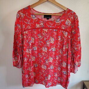 Cynthia Rowley EUC Red floral blouse with ruched sleeves
